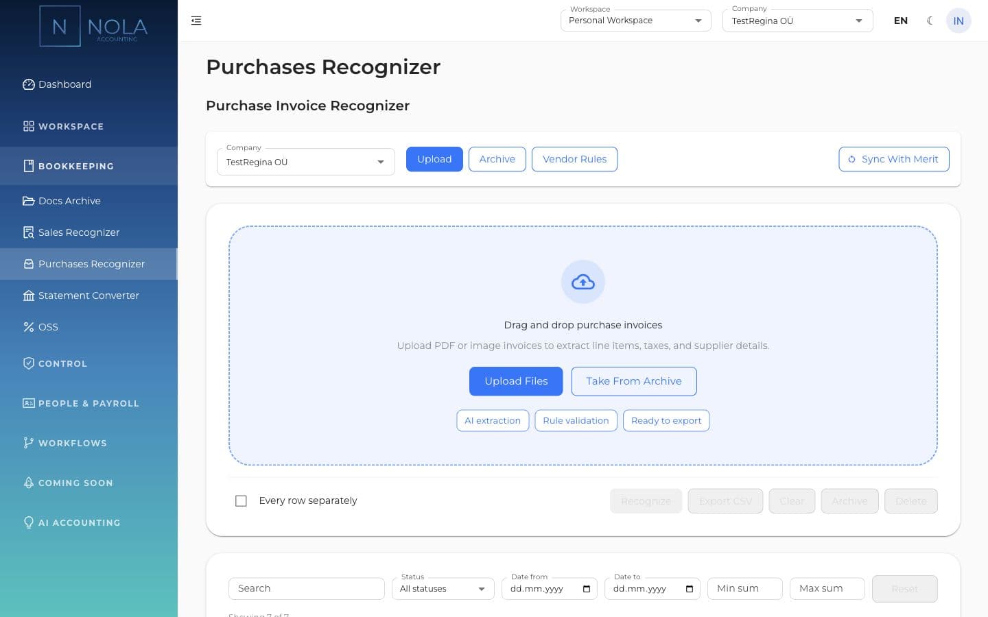 Purchase invoice recognition with vendor, lines and tax review